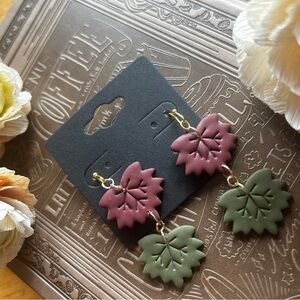 Elegant Leaf Drop Earrings in Burgundy and Green